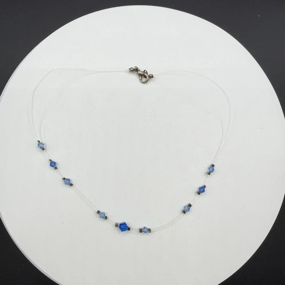 Blue Faceted Crystal Illusion Necklace Clear Wire Minimalist Y2K Gift for Her